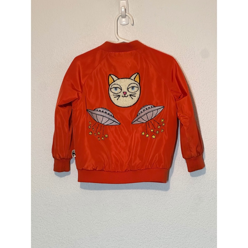 Mini Rodini Kids Orange Bomber Jacket Cat UFO Embroidered 92-98 2-3Y